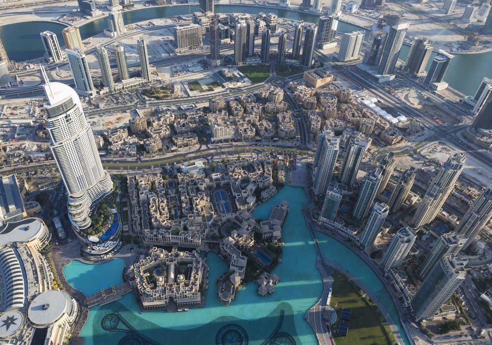 Aerial view of Dubai city from the top of a tower.